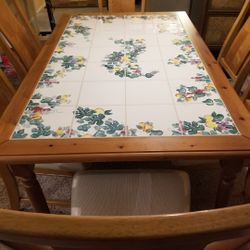 Italian Hand Painted Kitchen Table..Grape Vine Design!@..Solid Wood And Tile Top..Size 62x38 Wide 30 Inches Tall...6 Padded Solid Wood Kitchen Chairs.