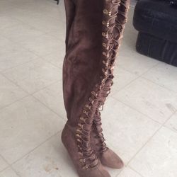 Brown thigh high lace up boots