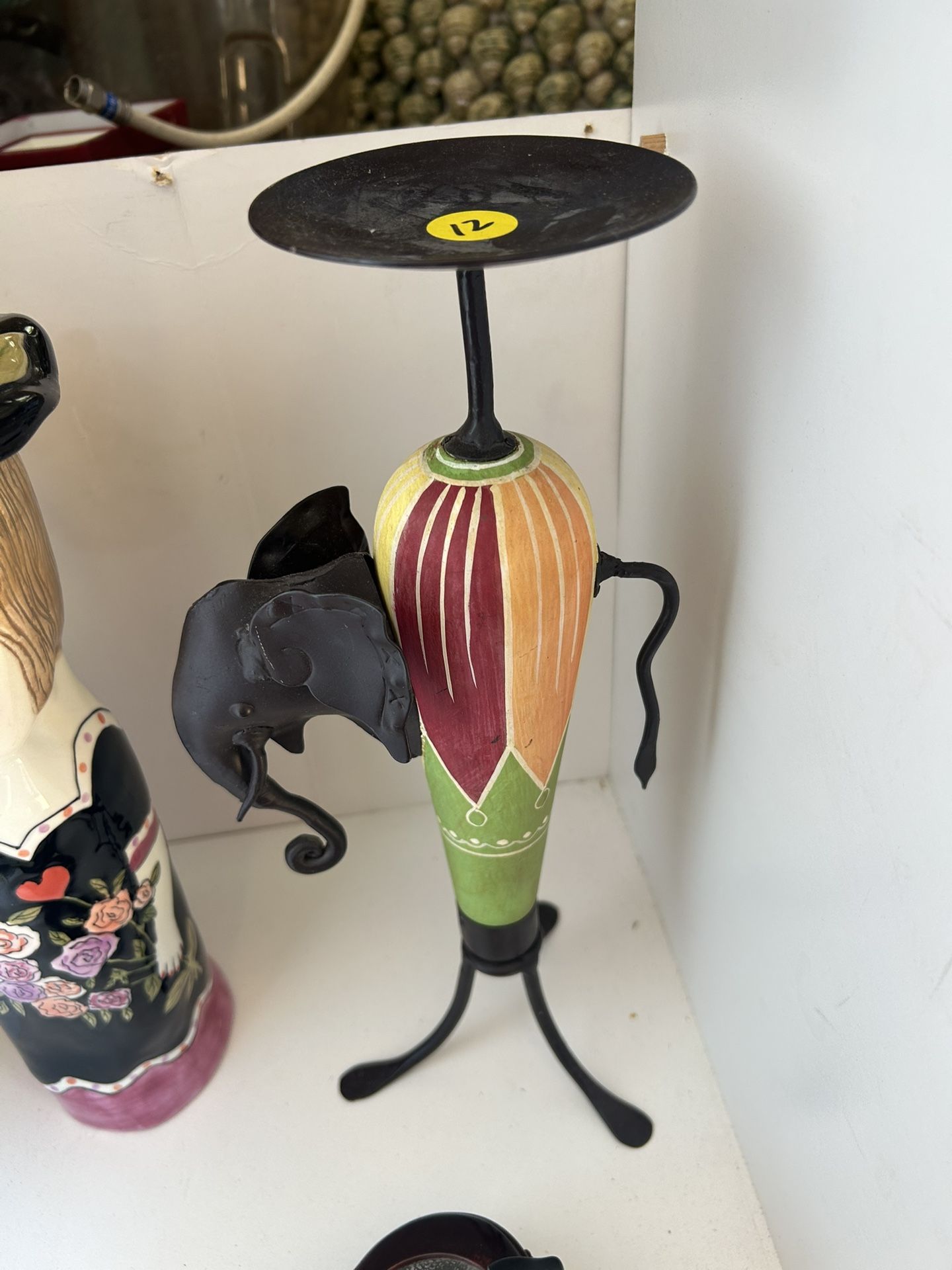 Wood & Metal Elephant Folk Art Candle Holder 