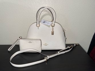 Brand New Coach Katy Satchel in Chaik/ Gold Crossbody Bag & Chaik/Gold Leather Zip Wallet Wristlet