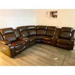 Brown gel leatherette reclining sectional power mechanism and USB charger