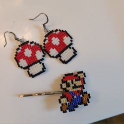 Cute Hand Made Mario Earrings & Hair Pin