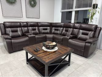 Beautiful Dark Brown Leather Power Reclining Sectional Couch W/ USB Ports