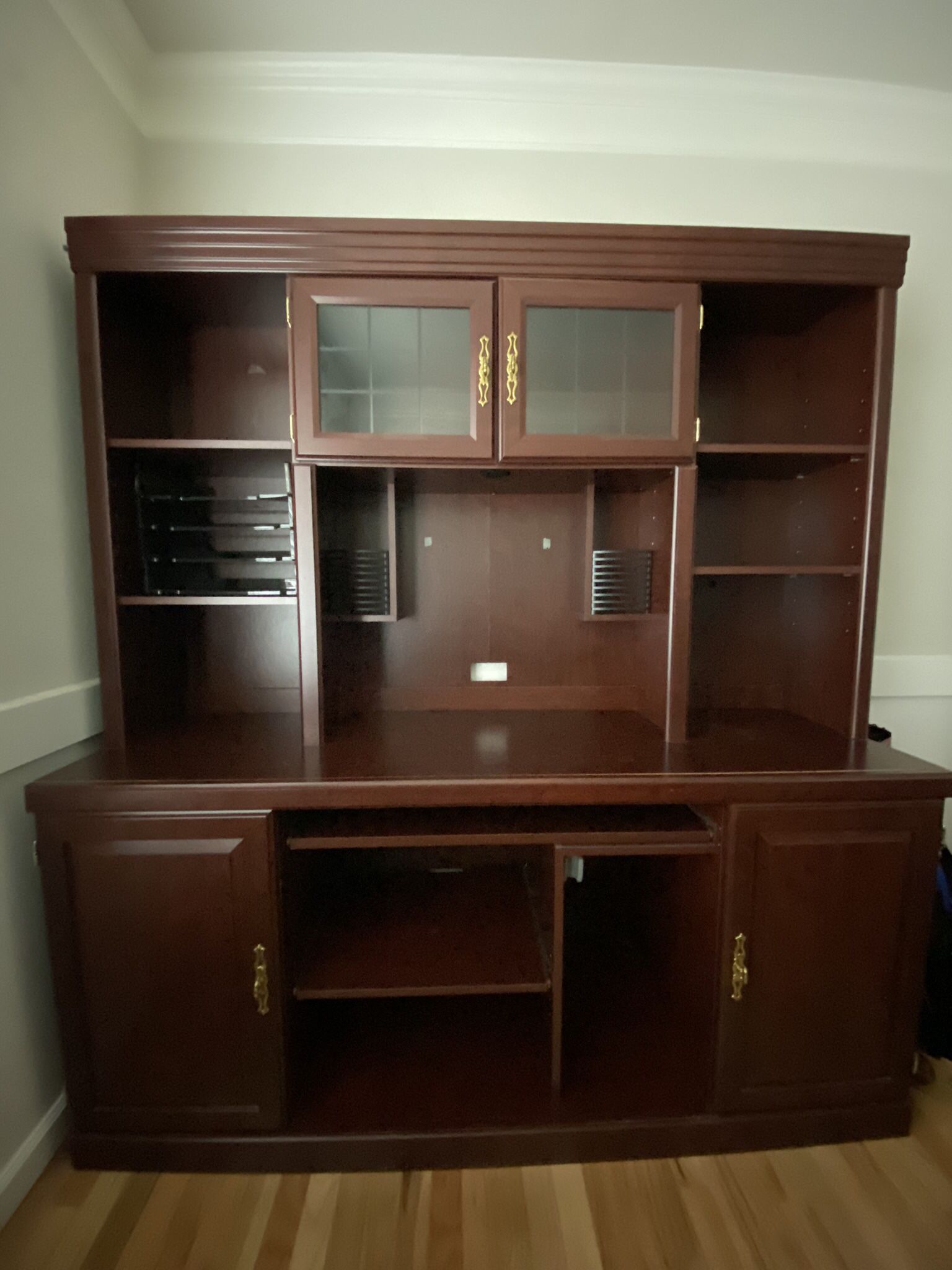 Computer Desk Station (65”x 21”x30”) With Hutch (65”x12”x41”) all In Burgundy Color 