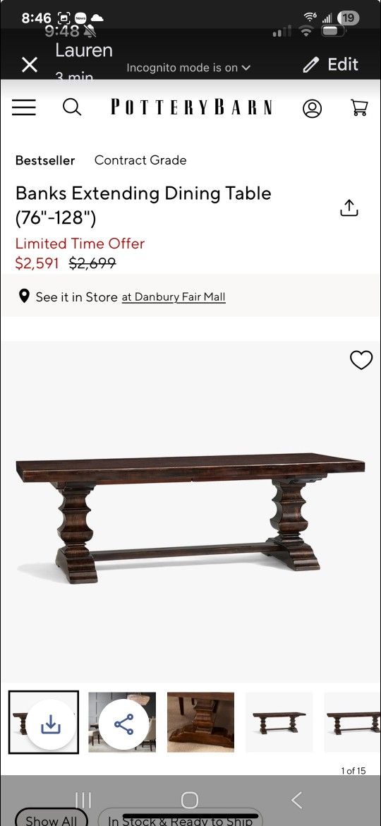 Pottery barn dining table and 8 chairs