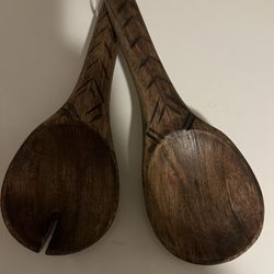 Hand Carved Wooden Salad Server Set