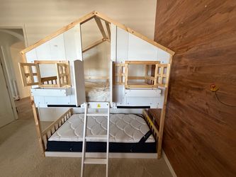 House-Style Twin Bunk Bed with Two Mattresses — $100OBO