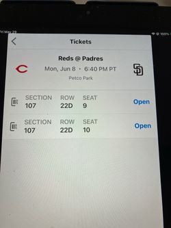 2 PADRES/ REDS TICKETS, MONDAY, 6/8, SEC 107, ROW 22D