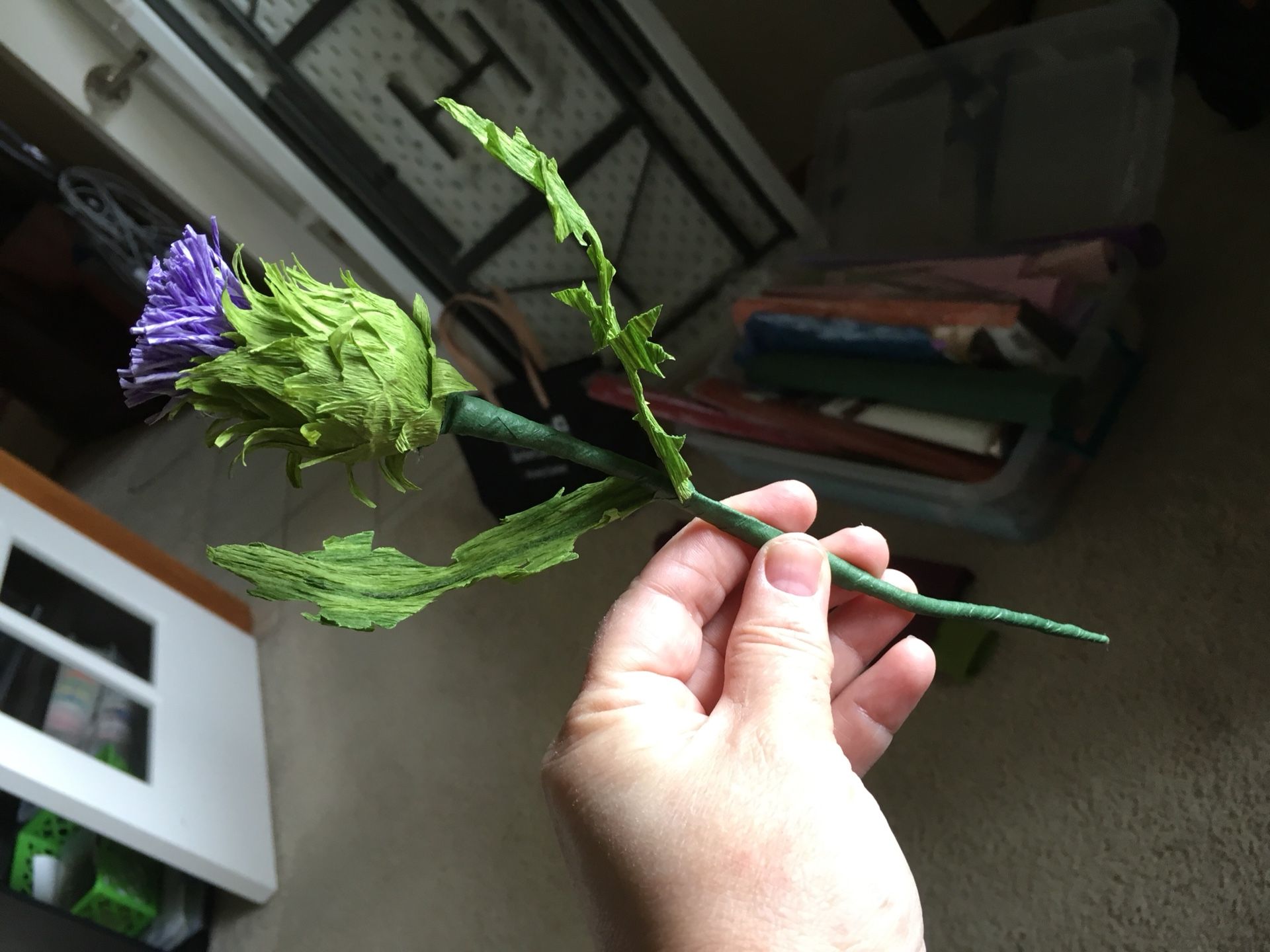 Hand made crepe paper thistle approximately 9 inches long