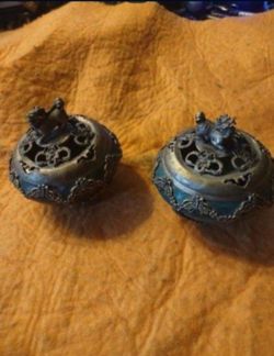Rare hard to find very collectible Jade and brass medium size foo Dog incense burners x2 will not separate.