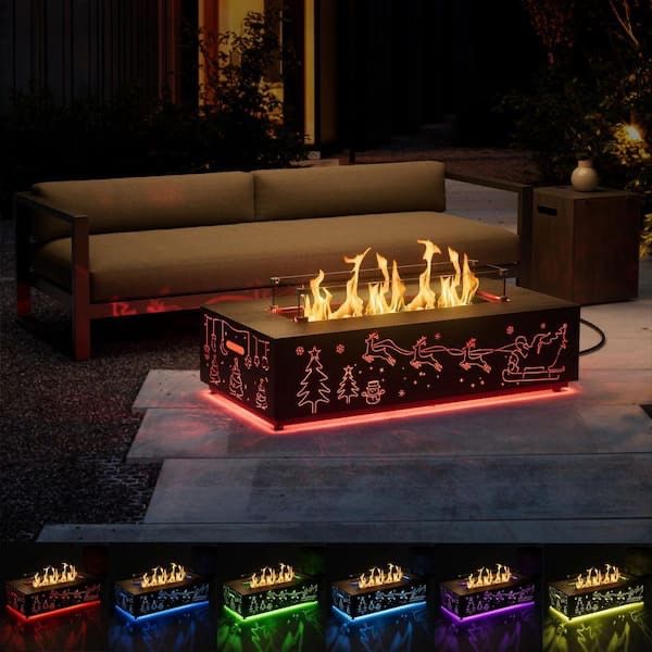 42 in. 50,000 BTU Rectangle Outdoor Propane Gas Fire Pit Table in Brown with RGB Light