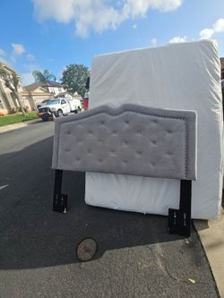 Gray Tufted Upholstered Headboard with Metal Bed Frame box spring size queen