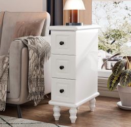 Solid Wood End Table, White Narrow Side Table with Drawers, Small Nightstand Skiny Beside Table for Small Space, Living Room, Bedroom, 8" Width