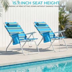 16" H Tall Folding Backpack Beach Chair with 5-Position Lay Flat Breathable Tesl