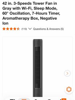 42 in. 3-Speeds Tower Fan in Gray with Wi-Fi, Sleep Mode, 60° Oscillation, 7-Hours Timer, Aromatherapy Box, Negative lon