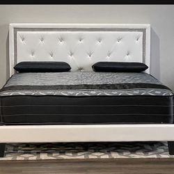 Brand New White King Size Diamond Leather Platform Bed Frame With Mattress/Fast Delivery