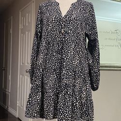 Women’s Anna Kaci Black White Tiered Skater Dress Long Sleeve V-Neck Button Front Size S