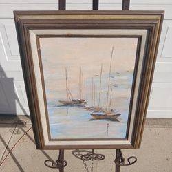 Small vintage framed Ghost Ships oil on panel boaed signed Inez Pena Hoffman in Lompoc CA