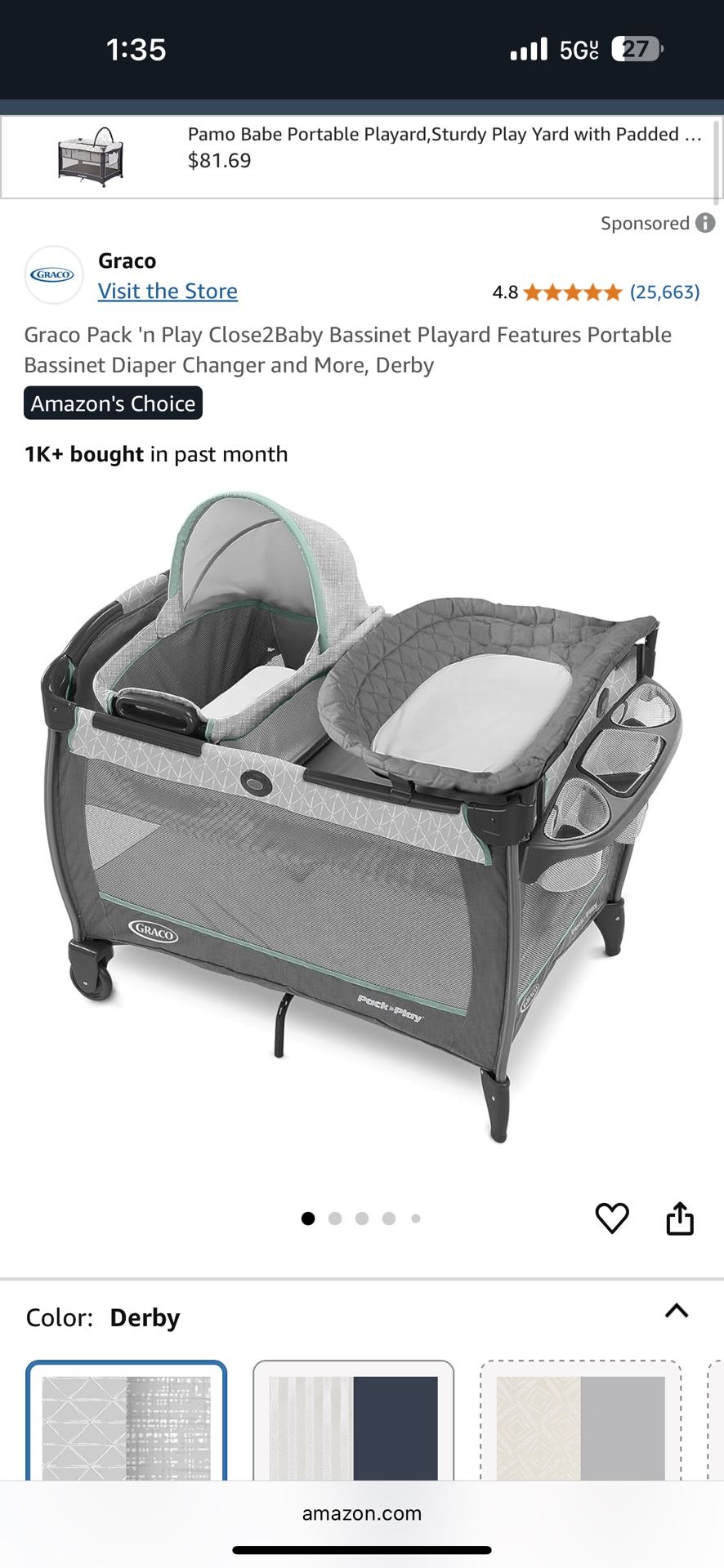 Graco Pack 'n Play Close2Baby Bassinet Playard Features Portable Bassinet Diaper Changer and More, Derby