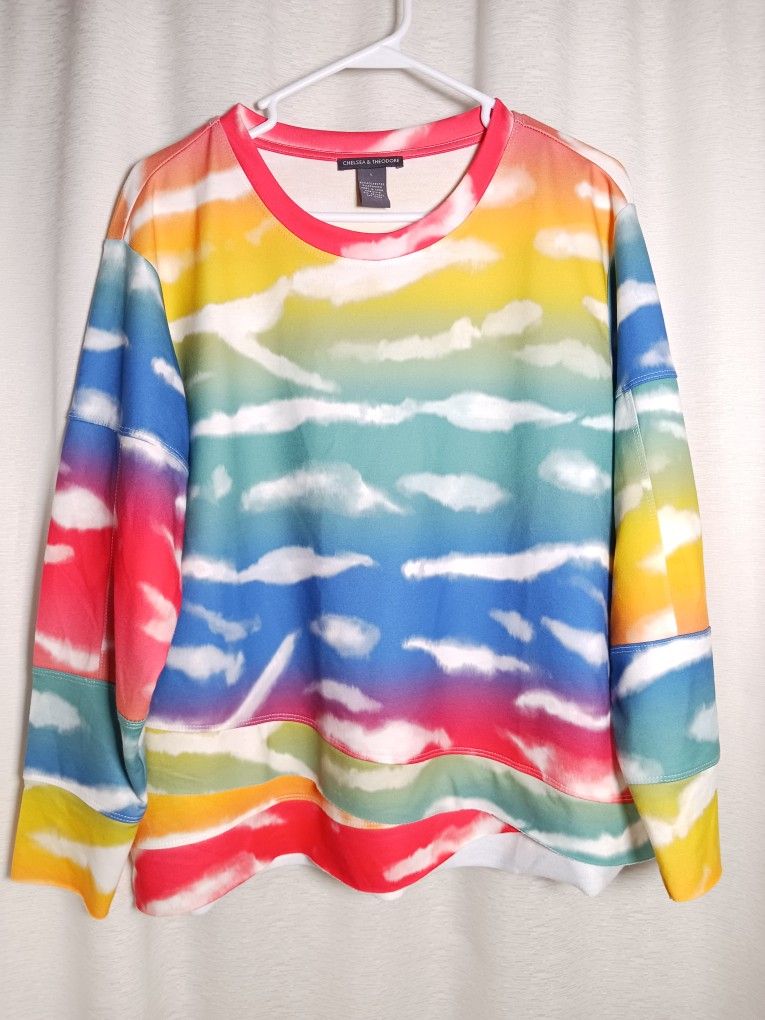 Sz L Chelsea & Theodore Rainbow Print Envelope Hem Tunic French Terry Sweatshirt