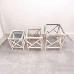 Vintage Bamboo & Glass Nesting Side Tables (Set of 3)