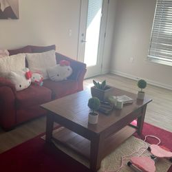Burgundy, Loveseat, Wood Table  Fake Tree Plants And Matching Rugs 