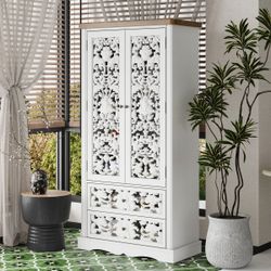 White Soild Wood+MDF 33.1 In. Wide Pantry Cabinet With Carved Floral Doors And 2 Drawers For Kitchen Or Living Room