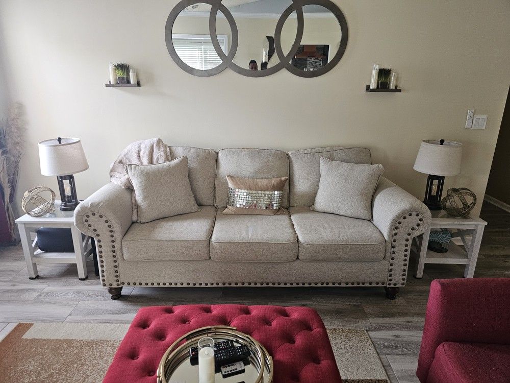 Couch, Love Seat, Red Chair with Ottoman and End Tables