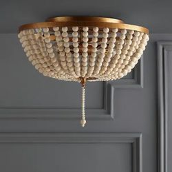 Allison 15 in. Wood Beaded/Metal LED Flush Mount, Antique Gold / Cream