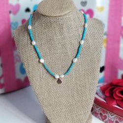 Beaded Blue Necklace with mother Pearl's accent Handmade New 