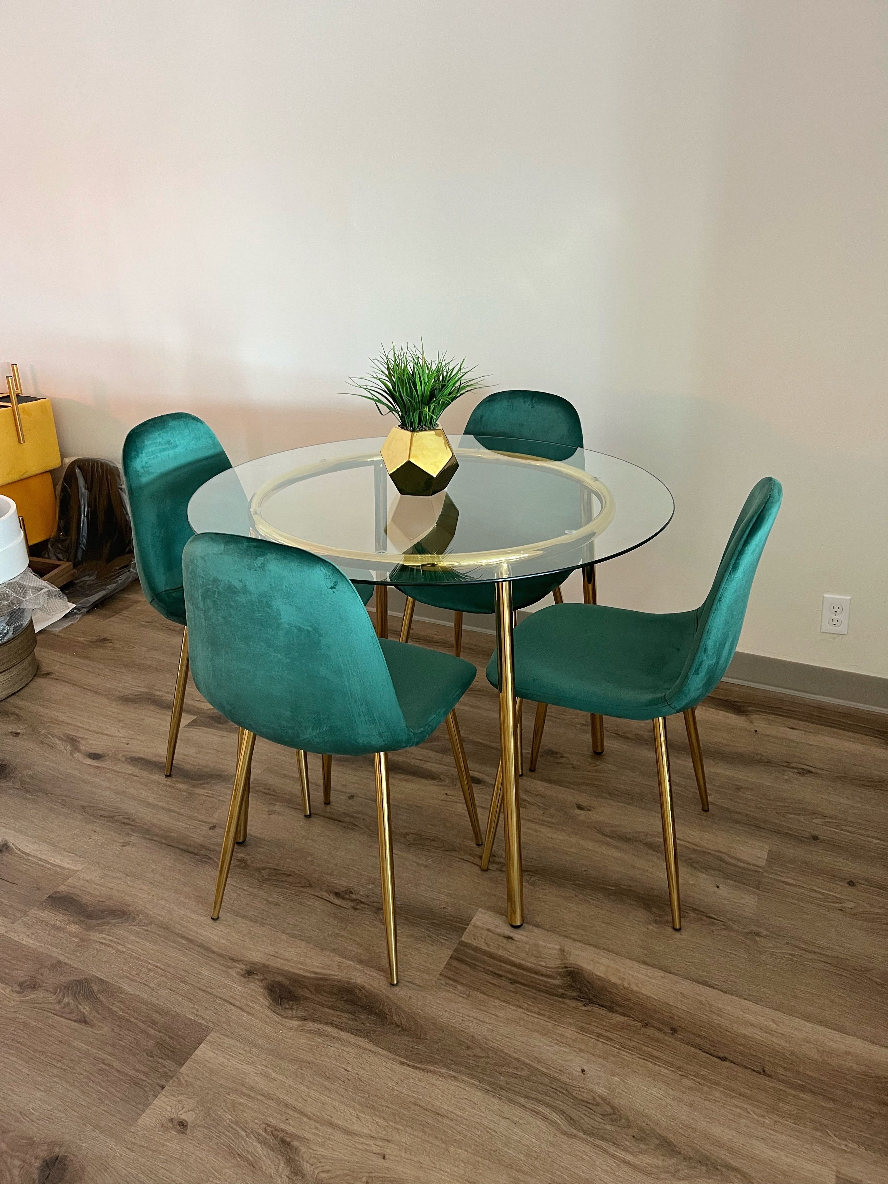 Emerald Green Dining Room Round Glass Set Gold Legs