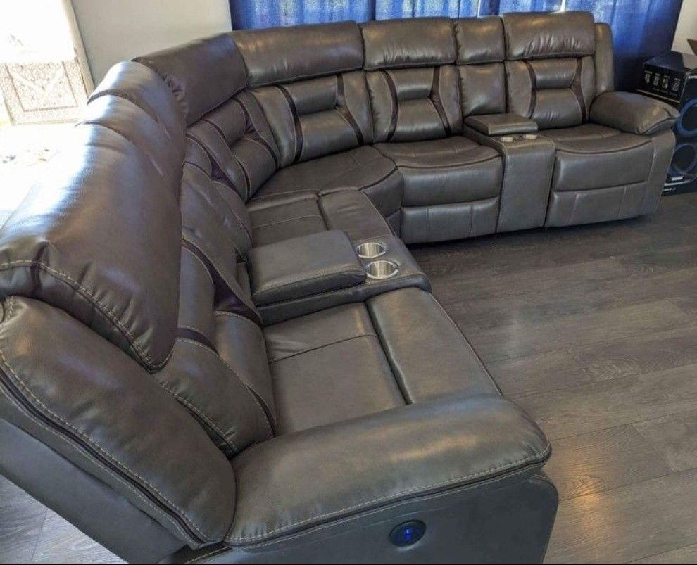FULL POWER BRAND NEW GREY LEATHER RECLINING SECTIONAL SAME DAY DELIVERY 