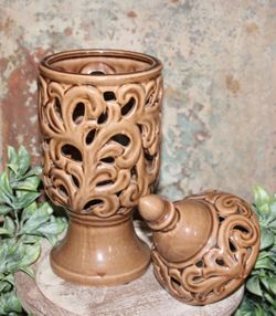 NEW Ornate 15" French Country Farmhouse Filigree Pedestal Urn Jar with Lid