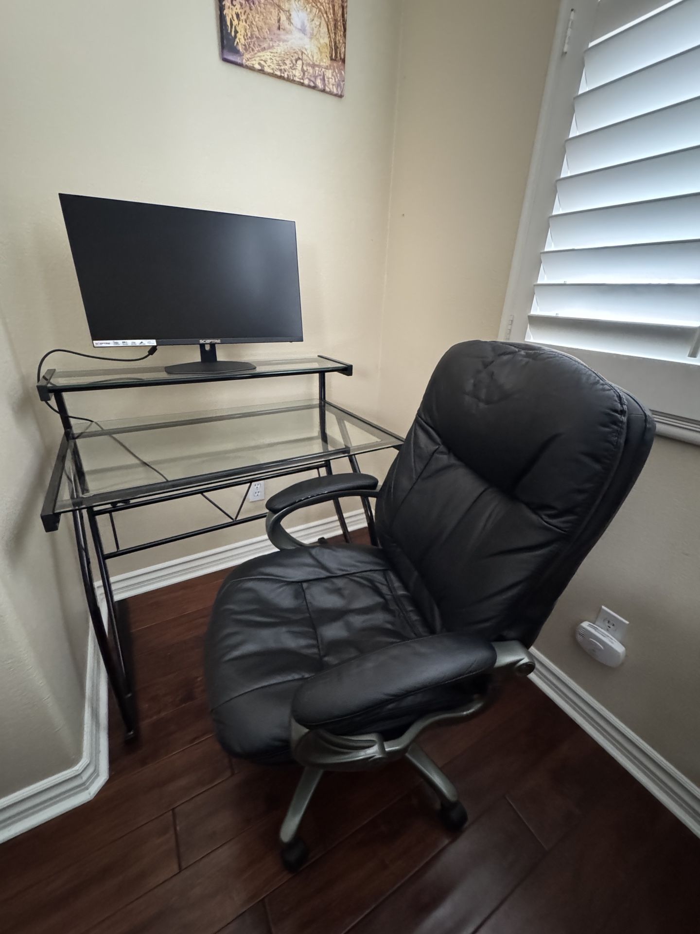 Glass 2-tier Desk And Leather Office Chair