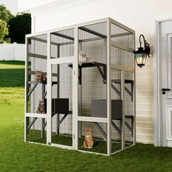 Large Outdoor Gray Wooden Catio – Solid Wood Cat Enclosure with 5 Platforms & 2 Resting Boxes, UV-Resistant & Waterproof Outdoor Cat House Shelter Pla