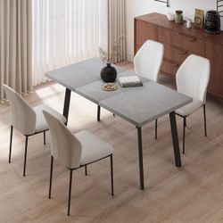 5 Pcs ,Grey Dining Table with 4 White Chairs