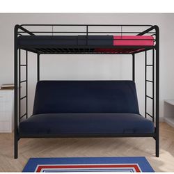  Twin-Over-Futon Convertible Couch and Bed with Metal Frame, Ladder and Guardrails - Black