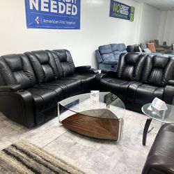 Black Sofa & Loveseat Leather - Dual Power Recliner With Drop Down Console