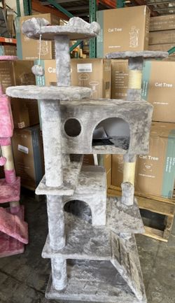 Large Cat Tree Gray Condo Tower with Scratching Posts Size 54" Tall