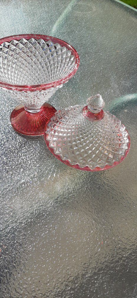 English Hobnail Covered Ruby Flash Lid and Foot Candy Dish.  