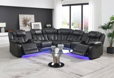 Brand New Stylish 3 Pc Gray Power Reclining Sectional with LED Light & Speakers