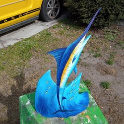 Marlin hand painted carved palm frond