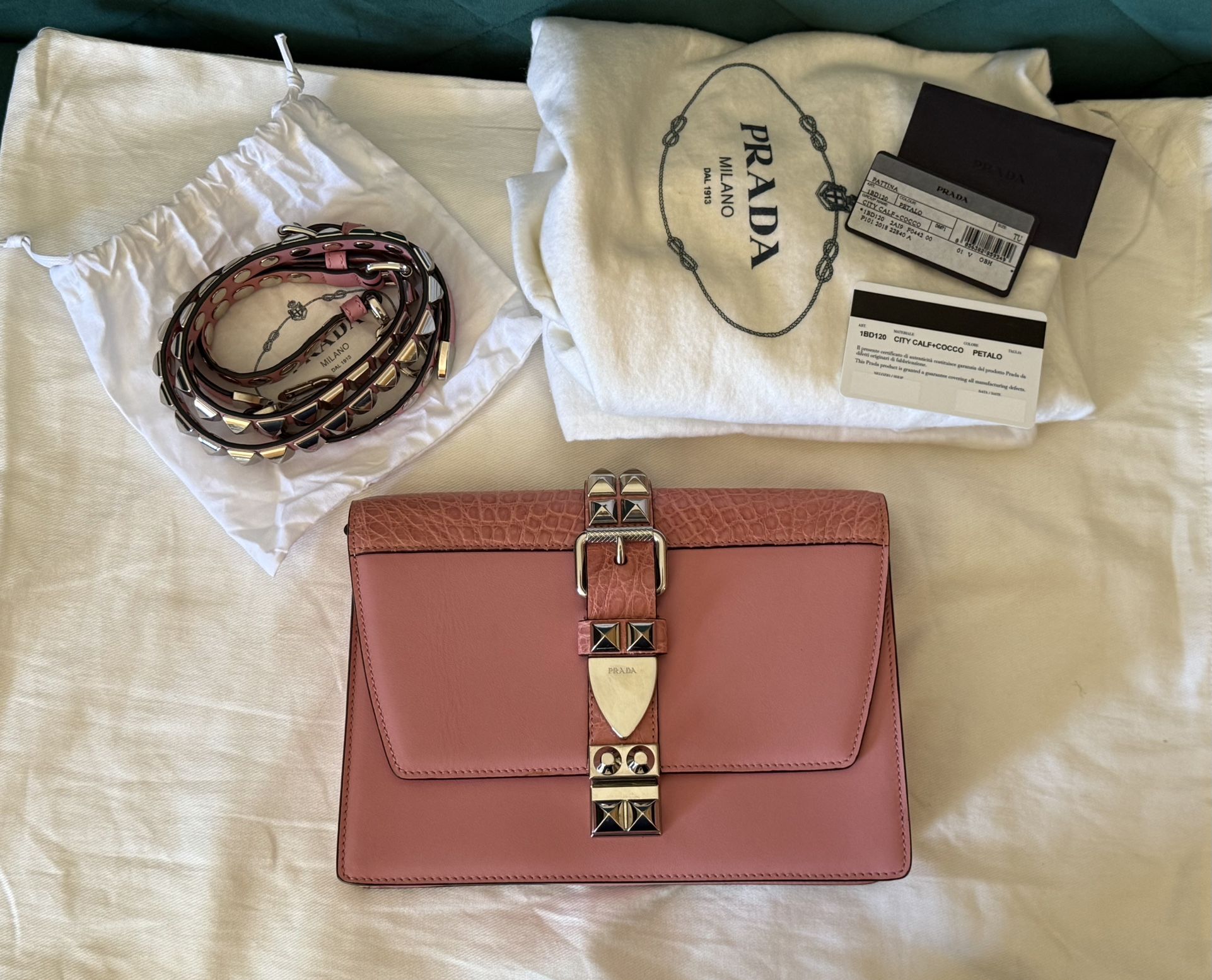 auth Prada Elektra 1BD120 Pink Studded Flap Shoulder Bag City Calf + Croc Trim – Excellent Condition 