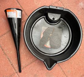 18 inch long funnel and car oil drain pan - auto mechanic car manintenance