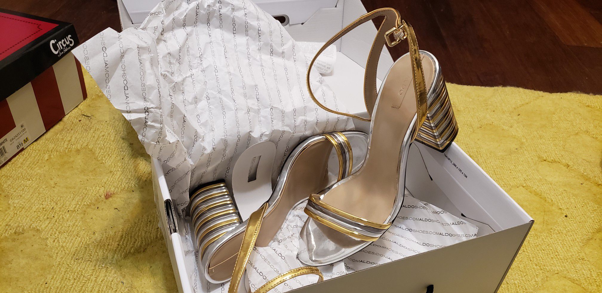 Aldo Size 8 Gold and Silver Block Heel Sandals
