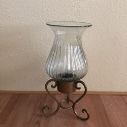 Hurricane Blown Glass Vase;  Wrought Iron Stand 21” Candle Holder/Flower Vase