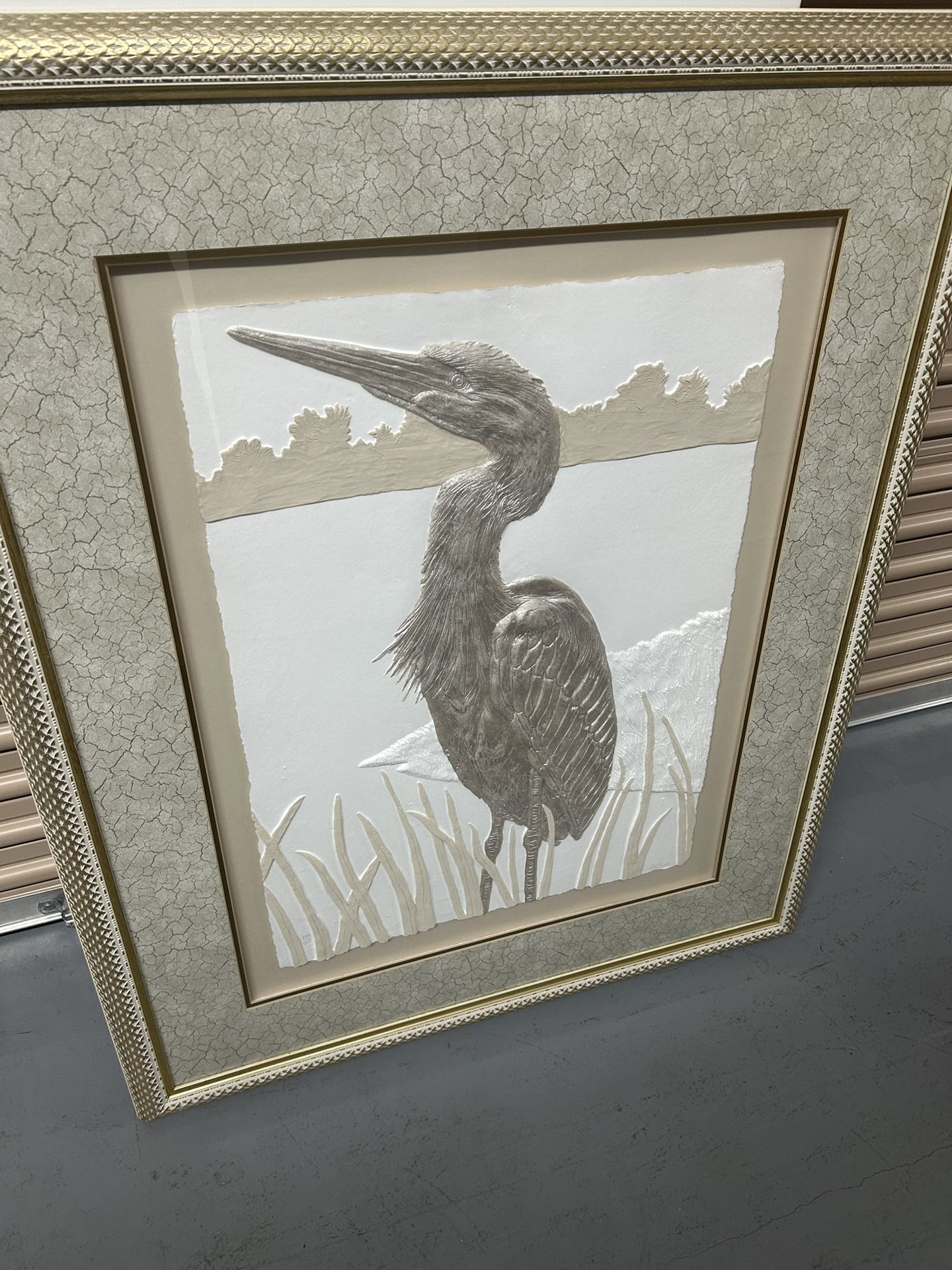 RARE EGRET CAST PAPER RELIEF SCULPTURE BY LORI KIPLINGER PANDY