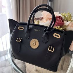 Authentic Ralph Lauren Black Leather Tote Bag with Gold Lock – Luxury Designer Handbag