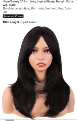 MapofBeauty 20 Inch Long Layered Bangs Straight Party Wig, Black Shoulder Length Hair, 50 cm Wig, Synthetic fiber, Daily Use