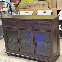 Farmhouse Buffet Sideboard with Storage, Large 48" Credenza with 3 Glass Doors and 3 Drawers, Adjustable Shelves, Console Table, Wooden Kitchen Coffee